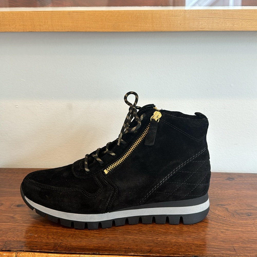 Gabor Black Suede Wedge Ankle Boots with Gold Zip